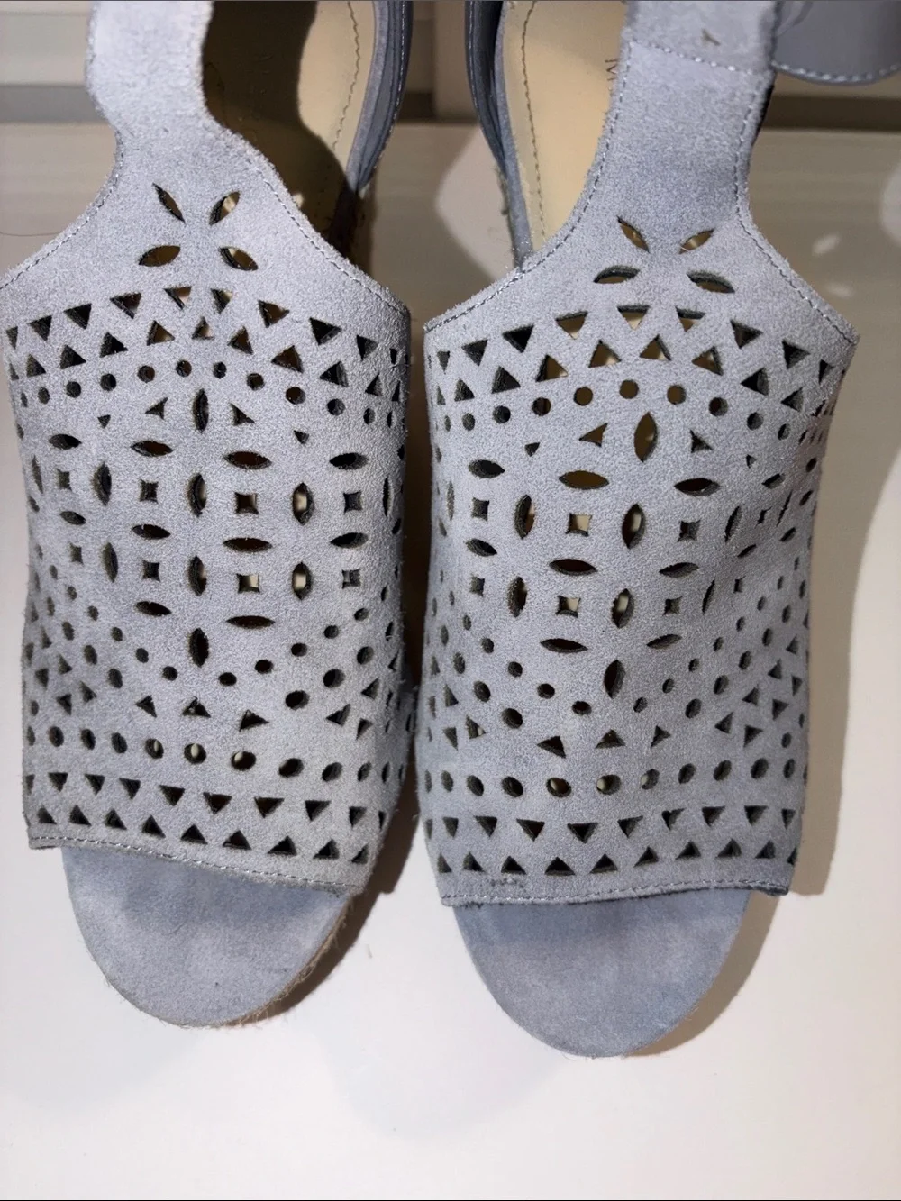 Marc Fisher Hasina Light Blue Suede Wedge Sandals Open Toe Espadrille SZ 8.5